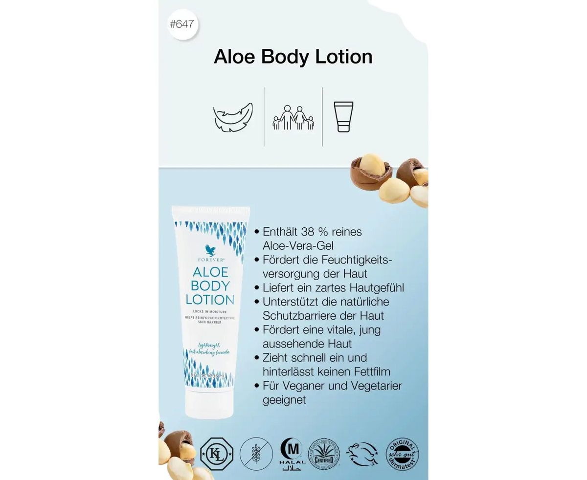 Forever Aloe Body Lotion in weißer Tube, Naturkosmetik-Körperpflege von Forever Living, feuchtigkeitsspendend und pflegend.