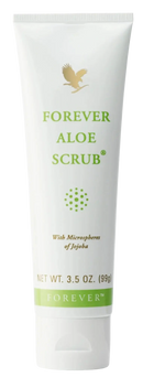 Weißes tube von forever aloe scrub peelingcreme mit aloe vera und jojoba mit grünem text und goldenem adlerlogo
