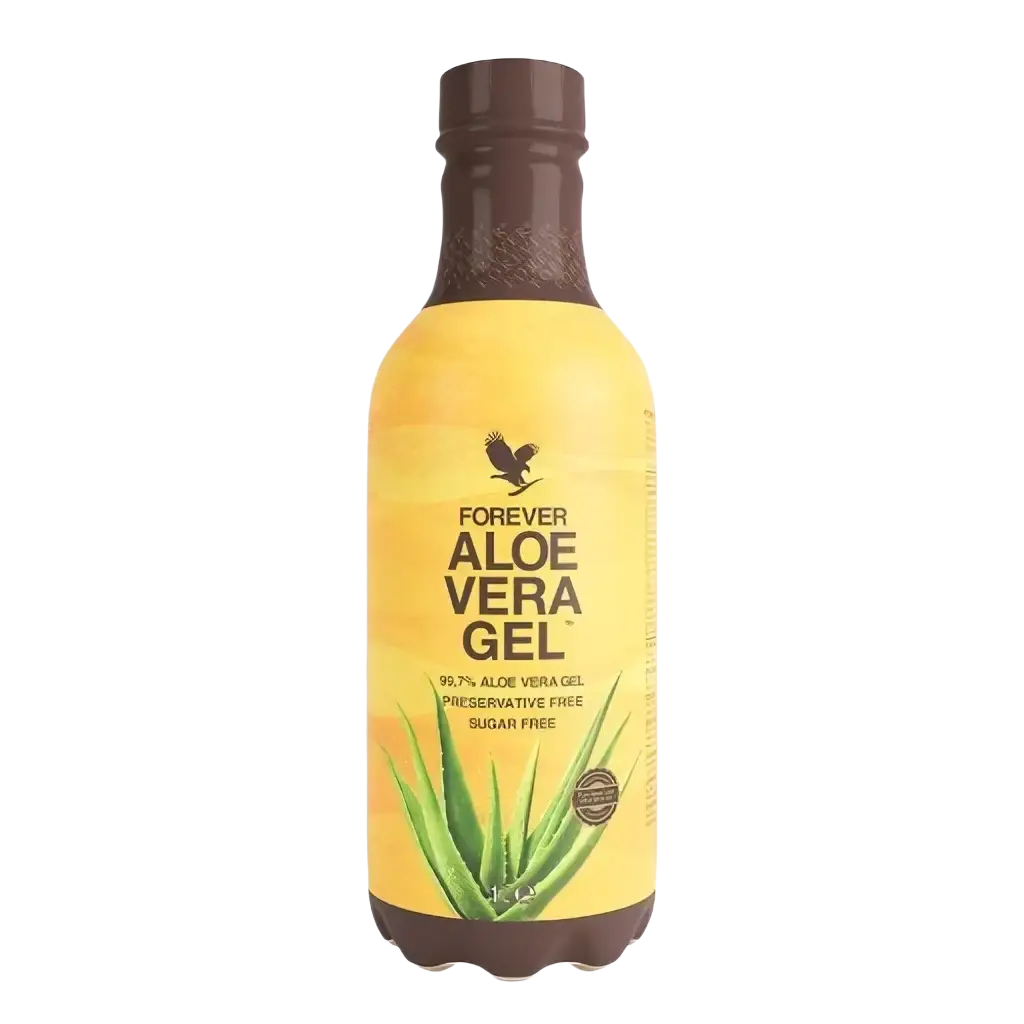 Flasche mit gelbem Aloe Vera Gel von Mana Shop, brauner Deckel, für Hautpflege und Feuchtigkeit, auf weißem Hintergrund.