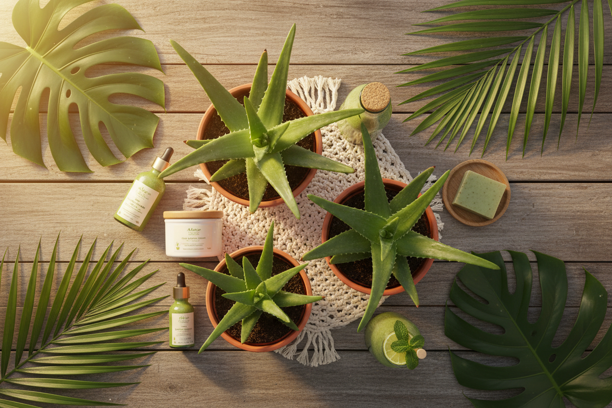 Bio-Kosmetik Produkte mit Aloe Vera Pflanzen und grünen Blättern auf Holzuntergrund