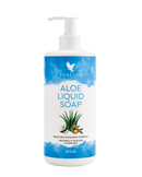 Eine 473-ml-Flasche Forever Aloe Liquid Soap mit weißem Pumpspender, einem blauen Aquarell-Etikett und einer Aloe-Vera-Illustration.