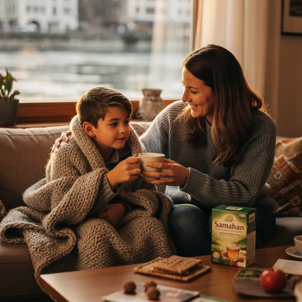Mutter gibt ihrem frierenden Sohn eine wärmende Tasse Samahan Tee