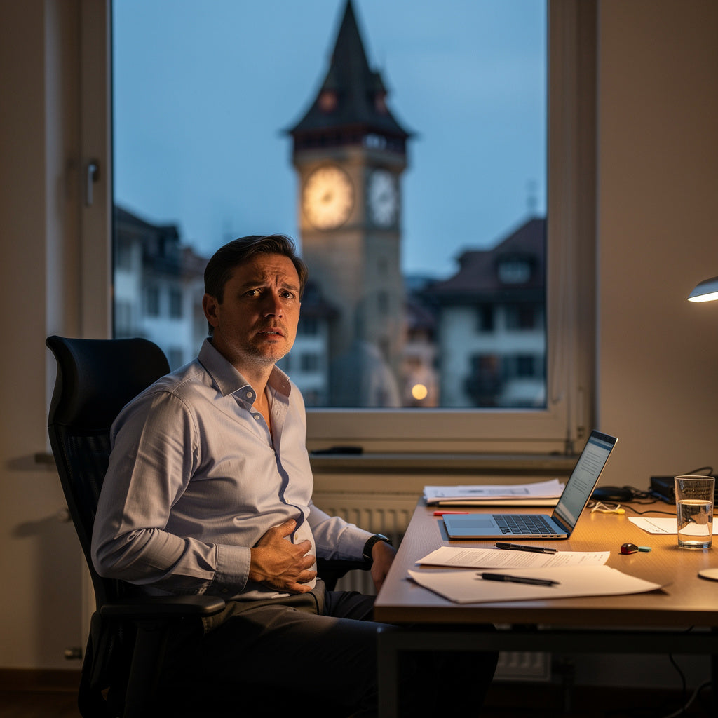 Ein Mann, der an einem Schreibtisch mit einem Laptop sitzt, sich den Magen hält und besorgt schaut, wobei ein Uhrturm durch das Fenster sichtbar ist.