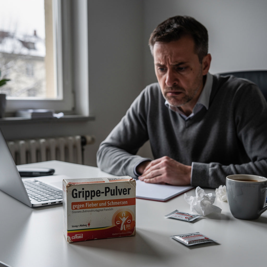 Ein Mann blickt besorgt an seinem Schreibtisch mit einer Schachtel und Beuteln "Grippe-Pulver", einem Laptop, benutzten Taschentüchern und einer Tasse.
