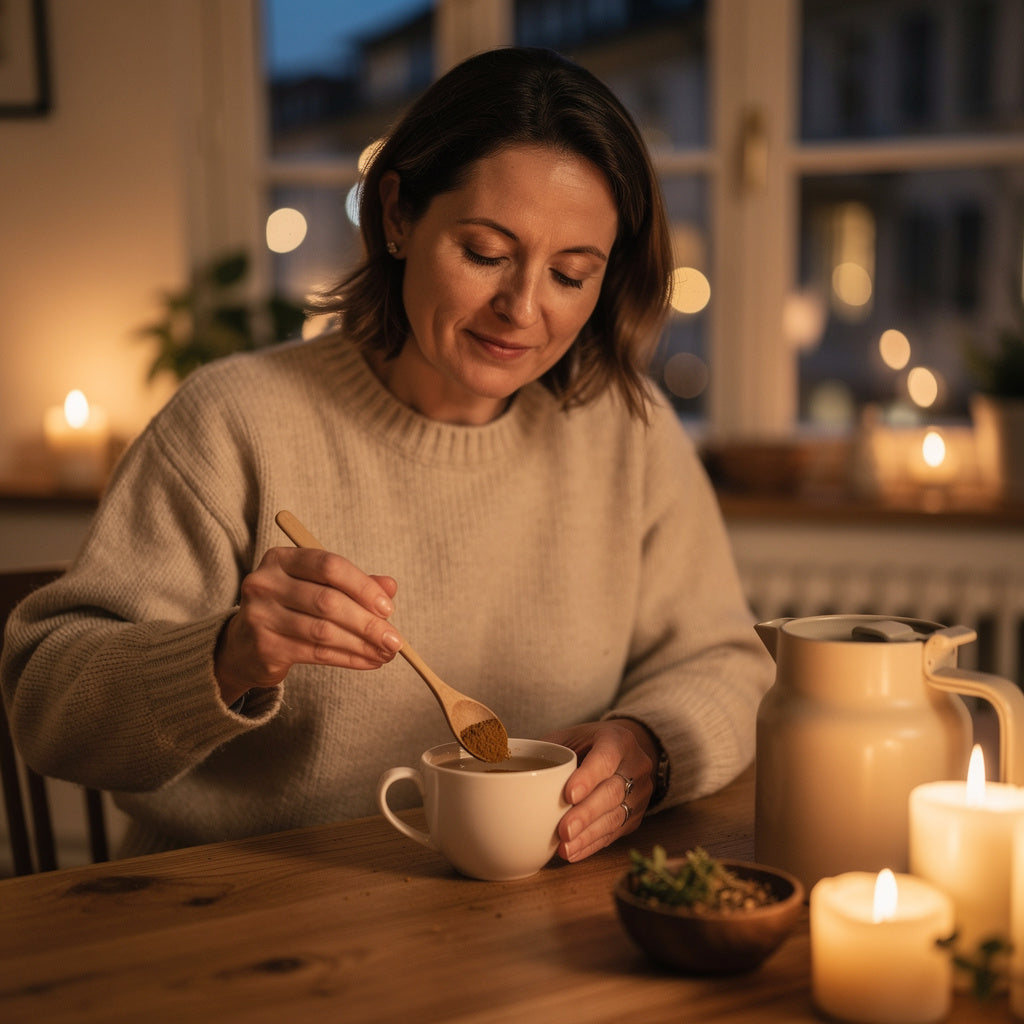 Eine Frau, die an einem Tisch mit Kerzen sitzt und mit einem Holzlöffel Pulver in eine Tasse rührt.