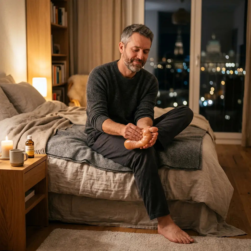Mann massiert sich abends entspannt warmes Ayurveda-Öl in die Fusssohlen