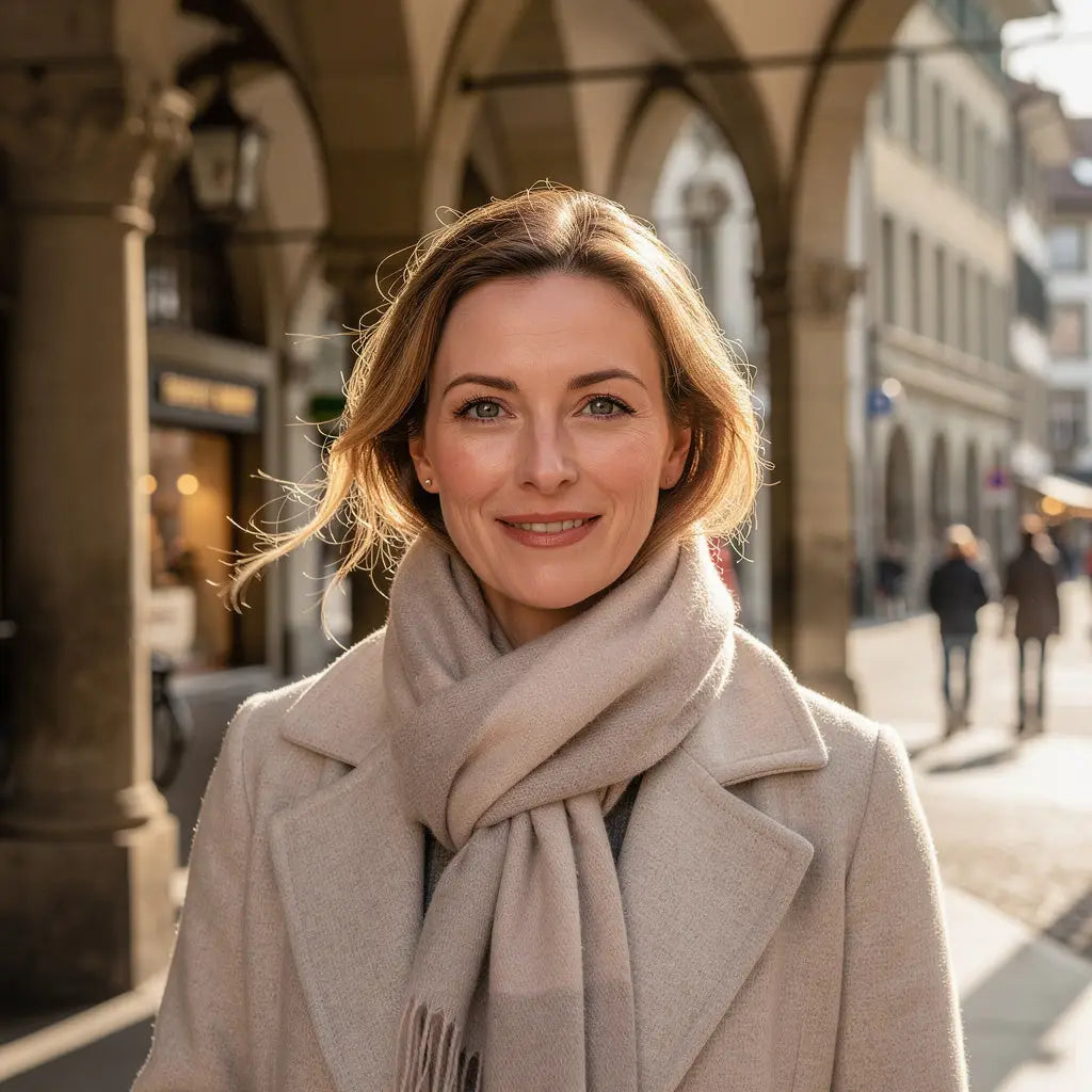 Vitale, gesunde Frau spaziert voller Energie durch die Berner Altstadt