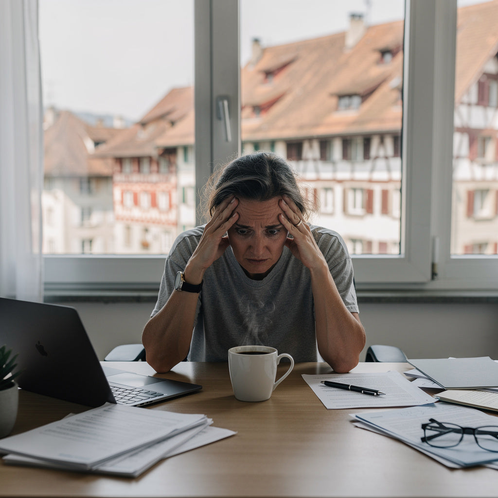 Gestresste Frau im Homeoffice starrt frustriert auf ihre dritte Tasse Kaffee