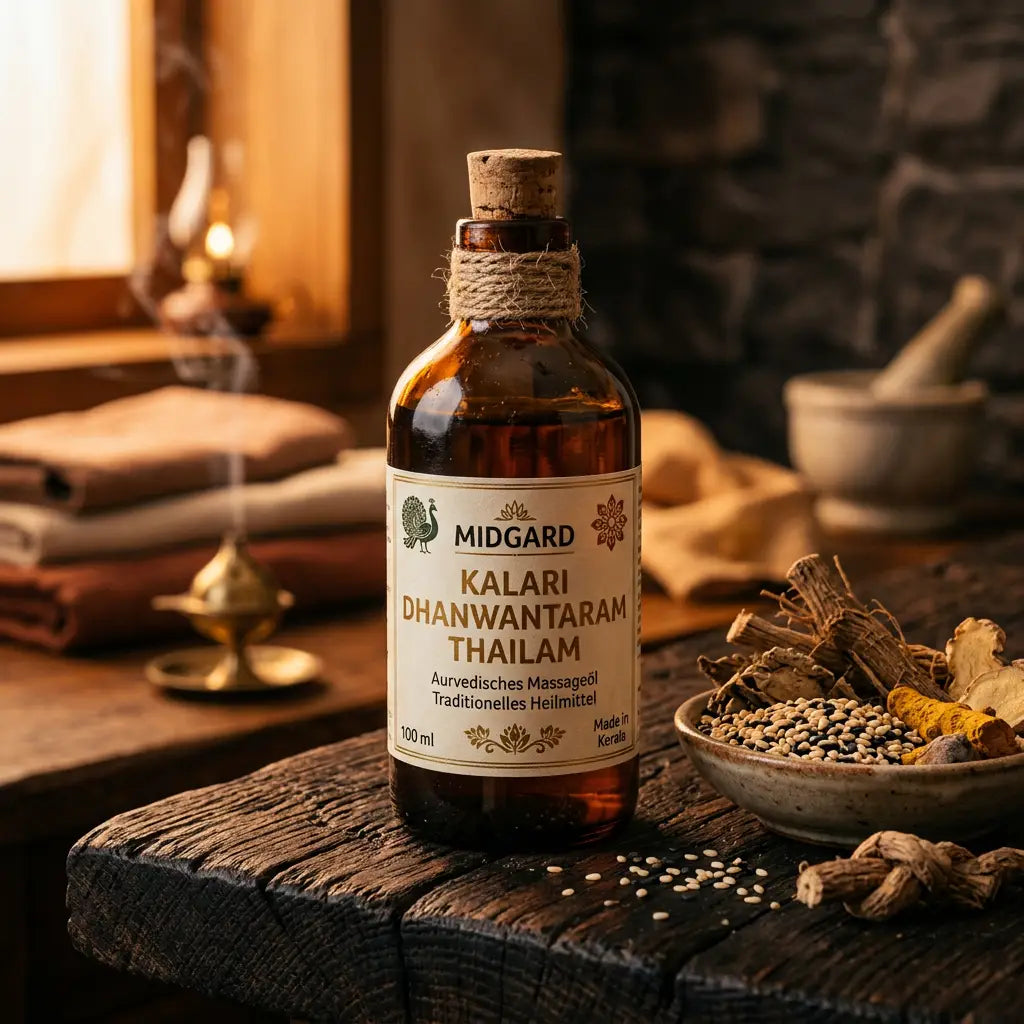 Eine braune Glasflasche mit Midgard Kalari Dhanwantaram Thailam Ayurveda-Massageöl mit Korkverschluss auf einem rustikalen Holztisch, umgeben von Kräutern und Samen.