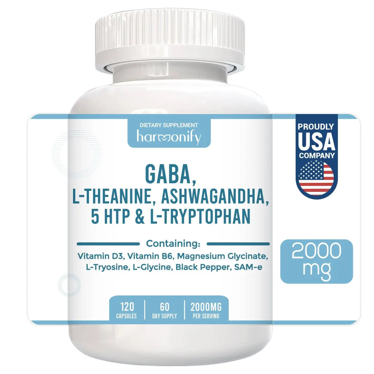 GABA L-Theanin Nahrungsergänzung mit Magnesiumglycinat und Ashwagandha in einer Packung, HARMONIFY Produkt.