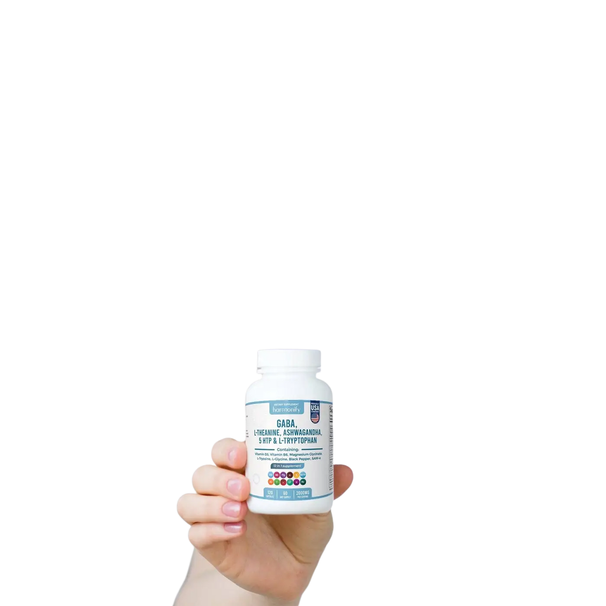HARMONIFY GABA L-Theanin Nahrungsergänzung mit Magnesiumglycinat und Ashwagandha, Packung mit Kapseln vor einem weißen Hintergrund.