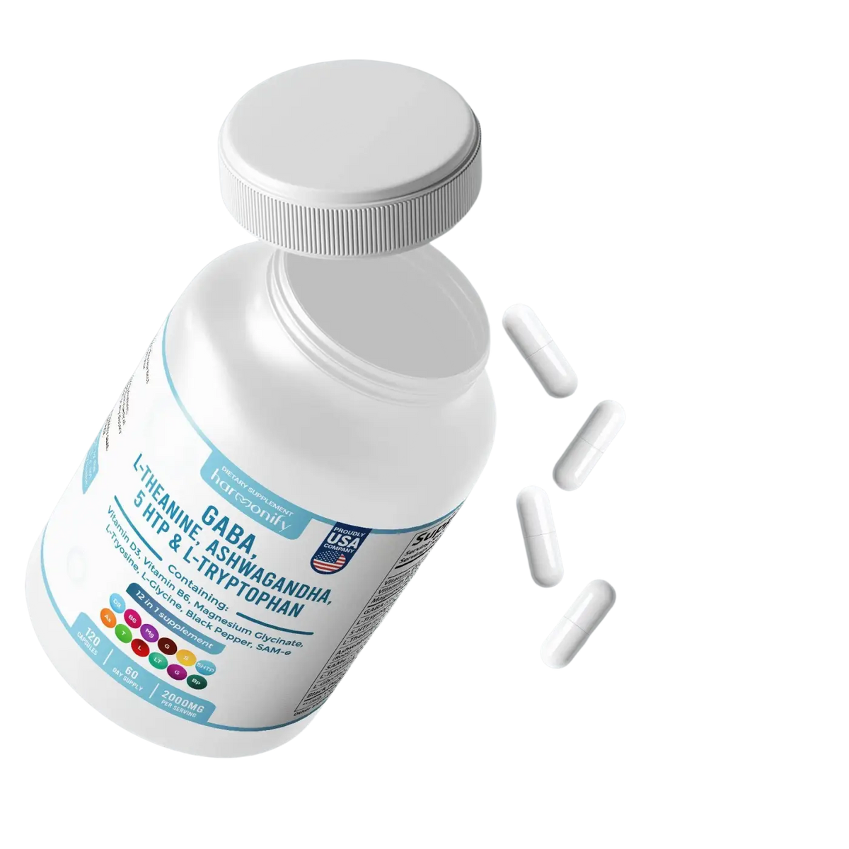 HARMONIFY GABA L-Theanin Nahrungsergänzung mit Magnesiumglycinat und Ashwagandha, Flasche mit Kapseln