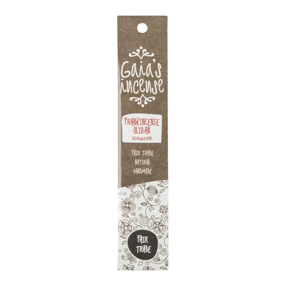 Gaia’s incense weihrauch olibanum räucherstäbchen in braun weiß gemustertem papier mit floralen designs