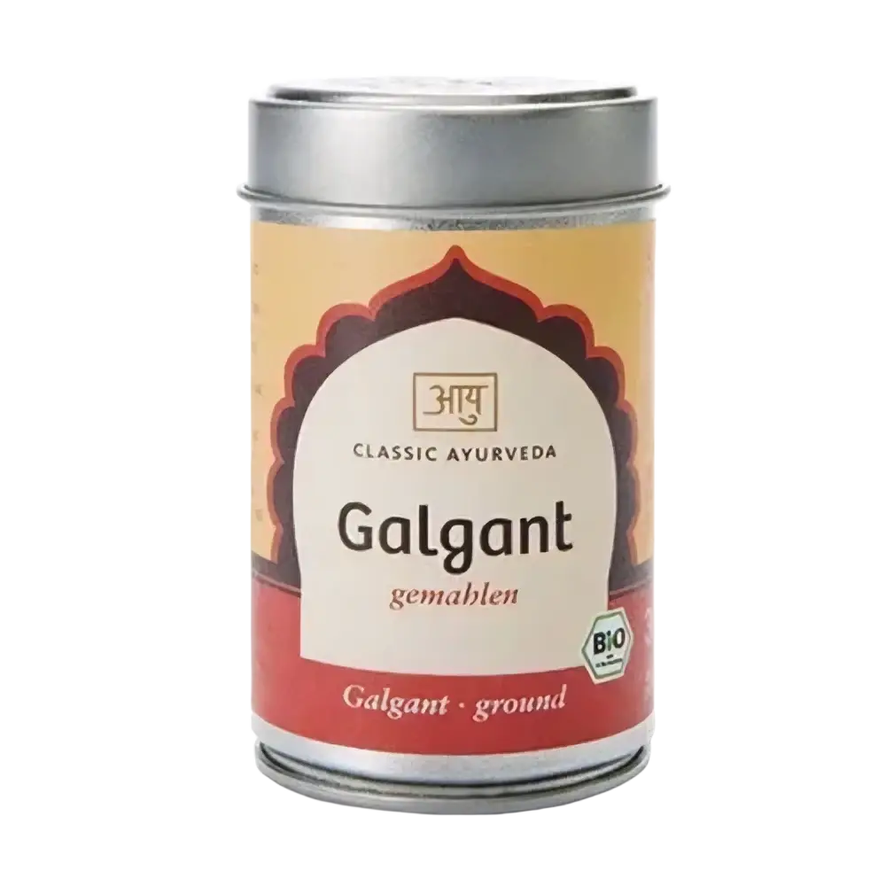 Gemahlener Bio-Galgant aus Classic Ayurveda in zylindrischem Metallbehälter, Gewürze, 30 g, frischer und aromatischer Geschmack