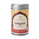 Ein zylinderförmiger metalldose mit silbernem deckel und etikett galgant gemahlen bio 30g von mana shop