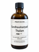 Gandavahastyadi Gandha Thailam von Midgard Kalari, spezielles Öl gegen Vata aus den Knochen, Flasche mit gelbem Öl in dunklem Flakon