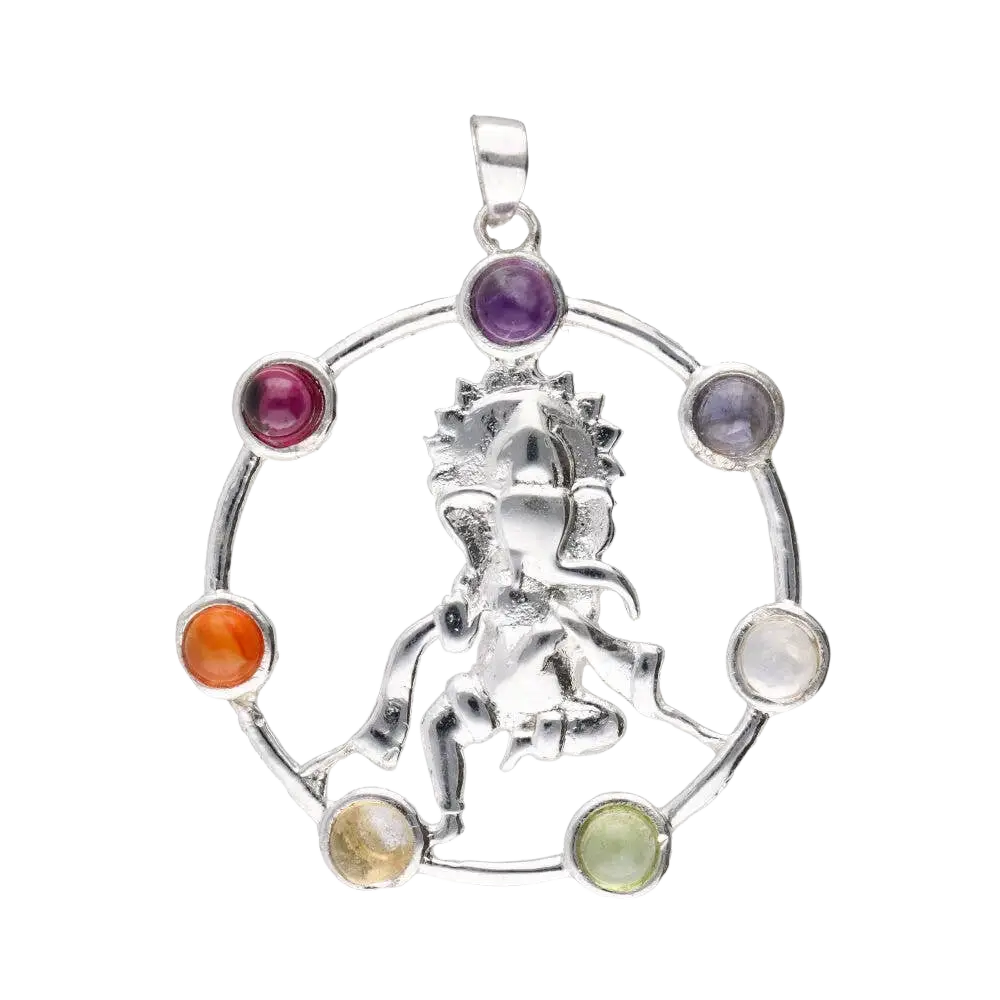 Silberner Ganesha-Körperanhänger mit BP-Chakra-Mineralien, eleganter Schmuck mit spirituellen Symbolen und bunten Mineralien.