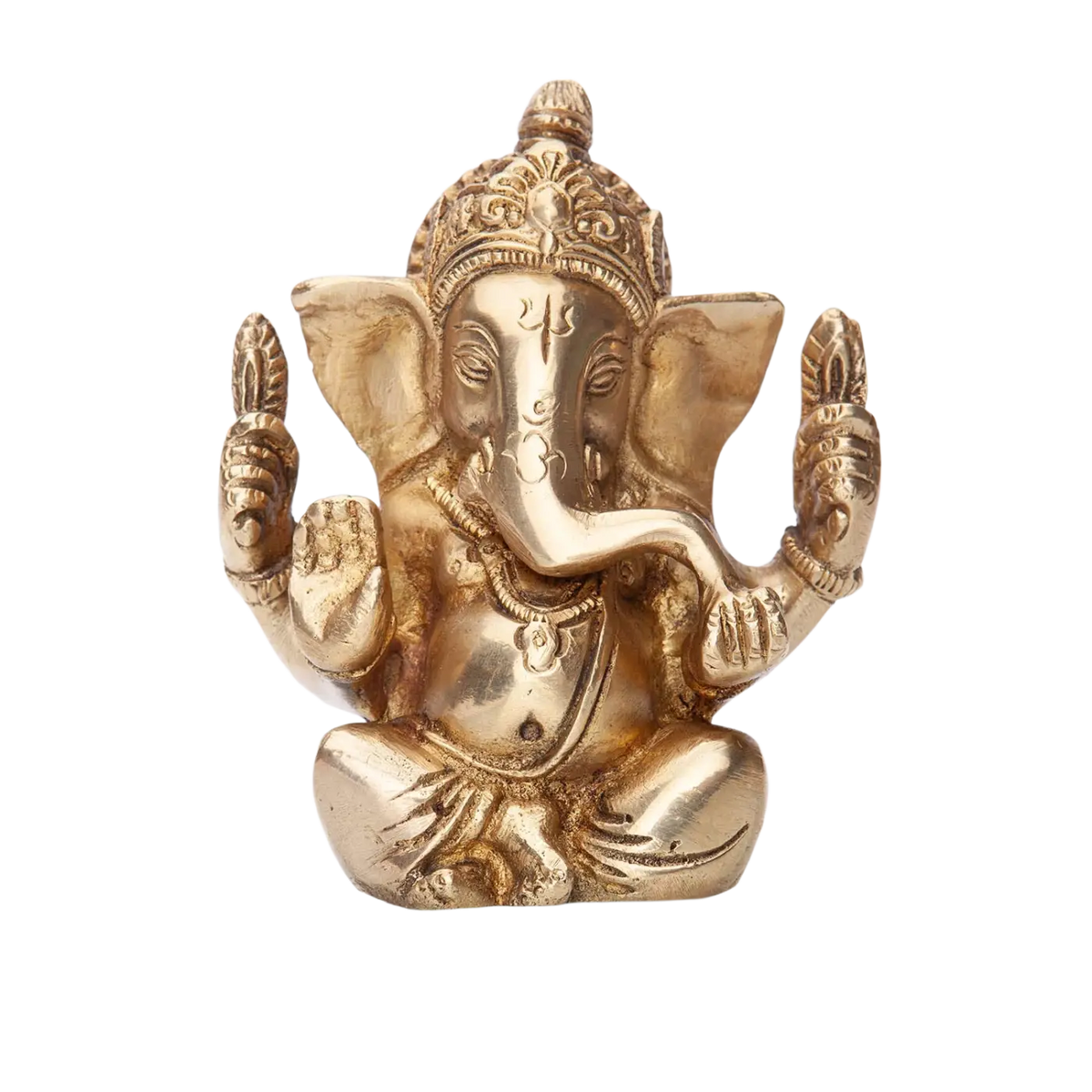 Goldene messing ganesha statue mit detaillierter ornate kopfbedeckung aus dem mana shop zum vergrößern ansehen