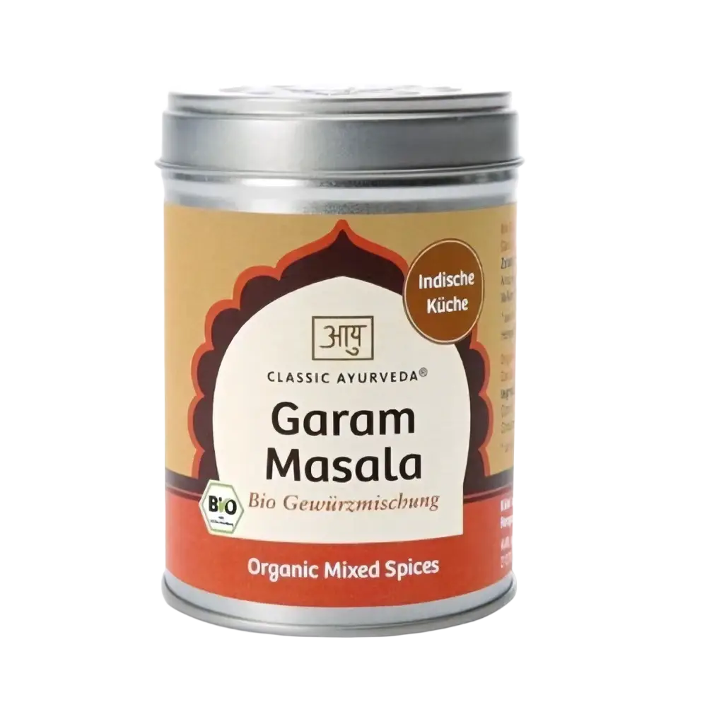 Bio Garam Masala Gewürzmischung von Classic Ayurveda in zylindrischer Blechdose, 80g, aromatische indische Gewürze