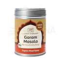 Ein zylindrisches tin mit garam masala bio gewürzmischung 80g mit beige-orange etikett und ornamenten