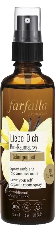 Bio-Raumspray „Geborgenheit“ von Farfalla mit Rose, 75 ml, zeigt die Flasche mit floralem Design und natürlichen Inhaltsstoffen.