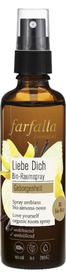 Organic room spray geborgenheit rose liebe dich von farfalla in dunkler bernsteinflasche mit vanilla blütendesign