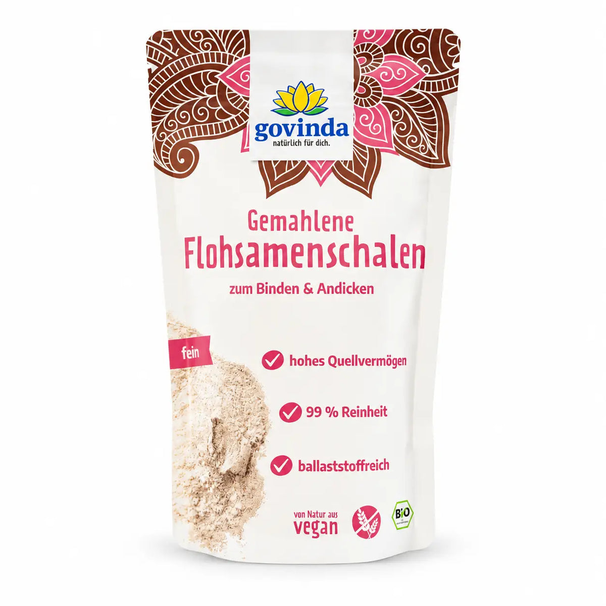 Gemahlene Bio Flohsamenschalen von Govinda, 170 g, in weißer Verpackung, als Lebensmittel für Ballaststoffe und Verdauung.
