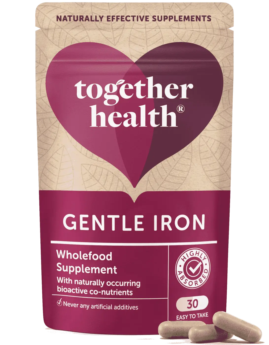Packung mit 30 Kapseln Gentle Iron Eisenpräparat von Together Health, Nahrungsergänzungsmittel in Beutelform