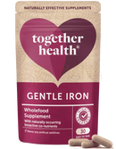 Maroon und beige pouch von together health gentle iron magenfreundliches eisenpräparat mit essentiellen b-vitaminen und drei kapseln sichtbar bei mana shop