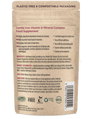 Rückseite einer braunen, texturierten papiertüte mit magenfreundlichem eisenpräparat gentle iron mit essentiellen b-vitaminen von mana shop