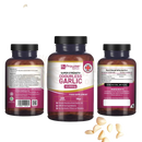 Drei bernsteinfarbene glasflaschen prowise healthcare geruchlose knoblauchkapseln 45000 mg allium sativum mit schwarzen verschlüssen und lila etiketten