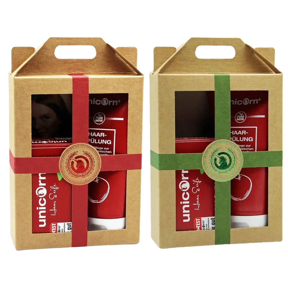 Geschenk-Set mit unicorn® Haarseife 100g und Spülung 150ml von Spa Vivent, rot, für Haar- und Körperpflege.