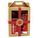 Geschenk-set unicorn® haarseife 100g und conditioner 150ml in rotem design in kraftpapier mit rotem band und goldsiegel