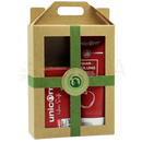 Geschenk-set unicorn® haarseife 100g und conditioner 150ml in rotem design mit grüner schleife und rundem siegel