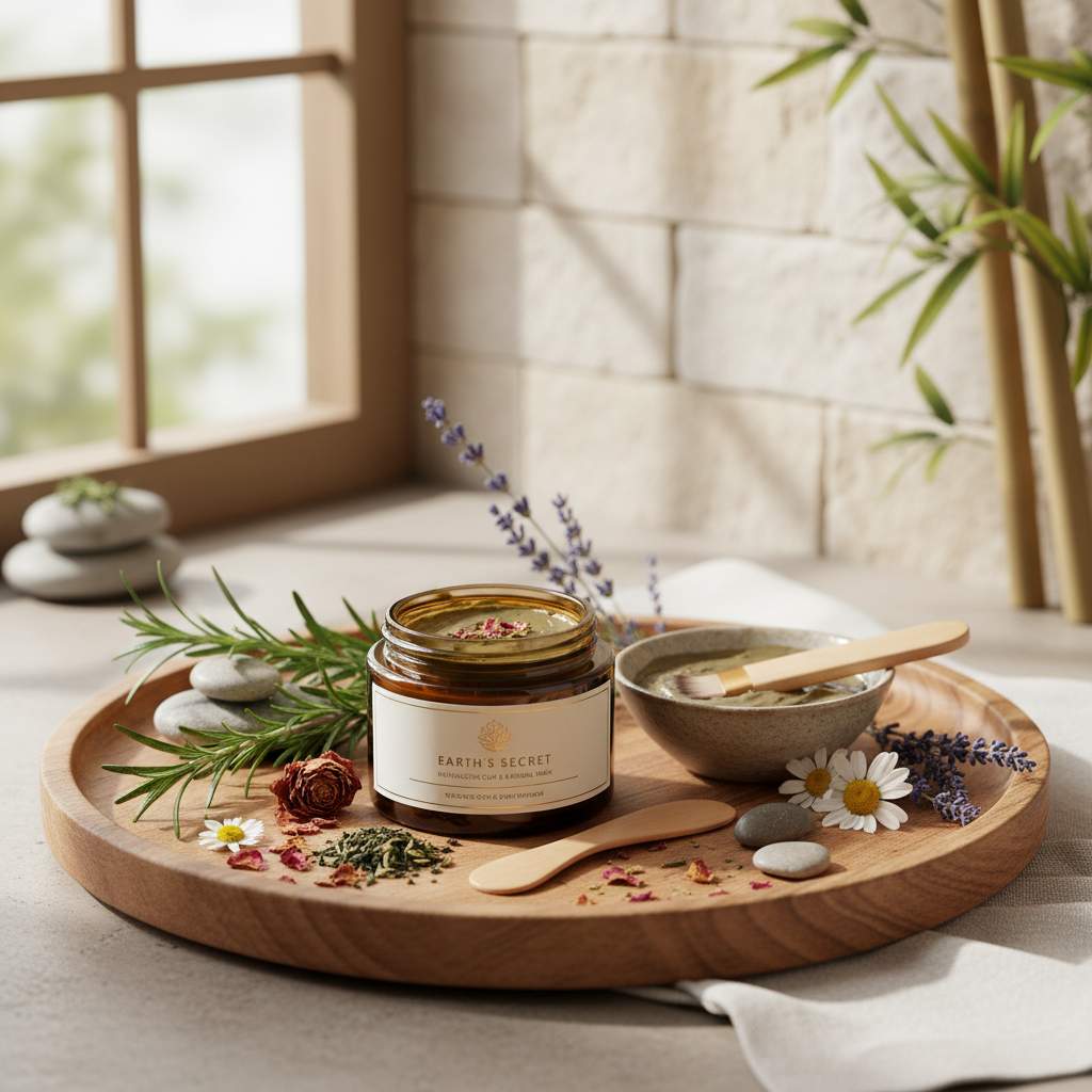 Natürliche Bio-Kosmetik in Glasglas auf Holztablett mit Lavendel und Kräutern.