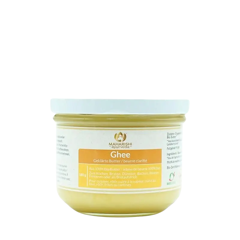 Bio Ghee in Glasbehälter, hellgelbe Farbe, Maharishi, 180 g, reines Öl und Fett, hochwertiges Bio-Öl