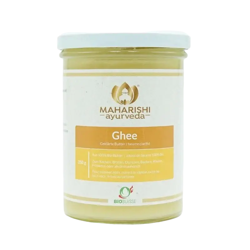 Bio Ghee in Glasbehälter, 350 g, von Maharishi, hellblauer Deckel, Öl & Fett, natürliche Pflanzenfettquelle