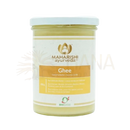 Ein klares glas mit golden-gelbem bio ghee 350 g von maharishi ayurveda mit hellblauem deckel bei mana shop