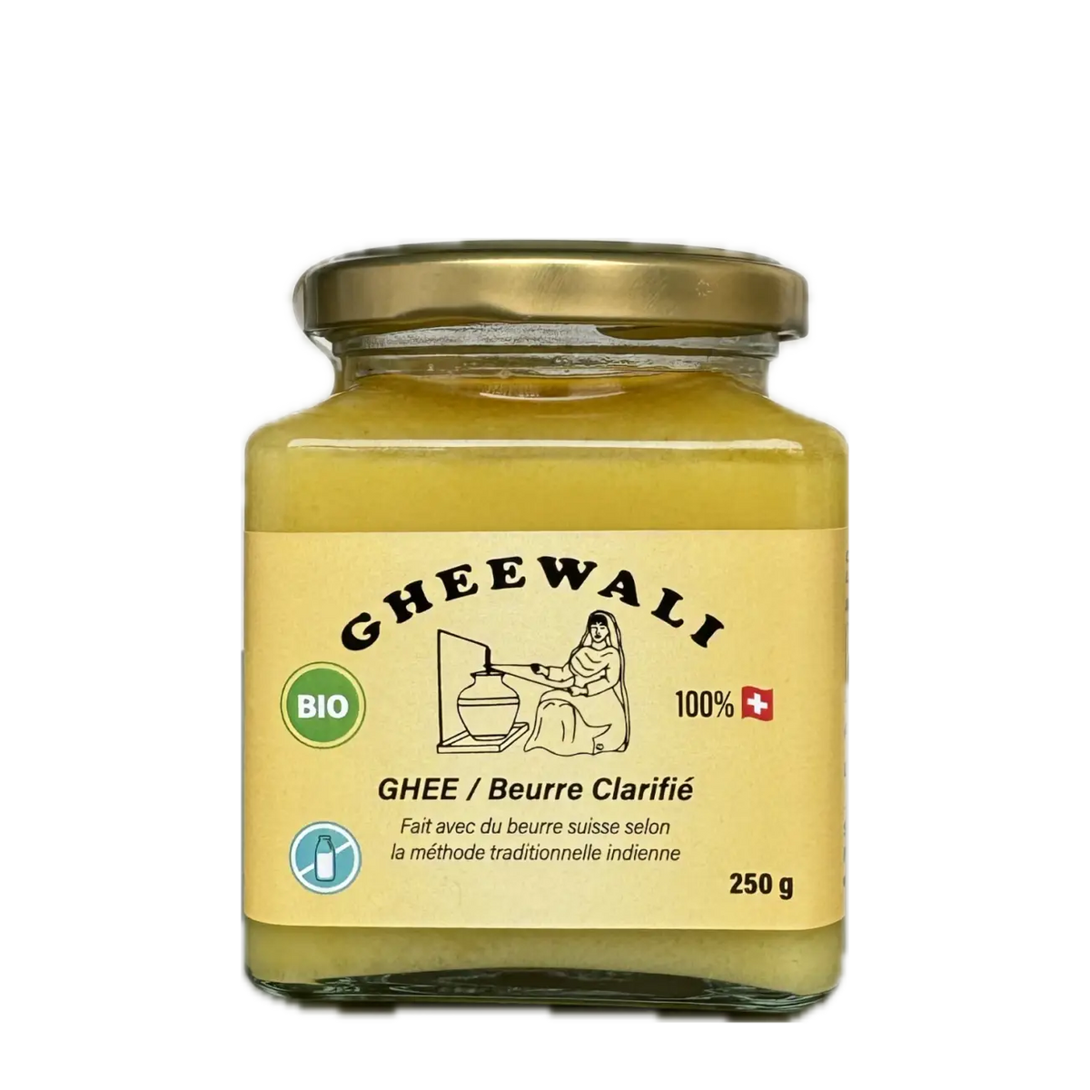 Gheewali Alpen-Ghee, traditionell geklärt nach indischer Methode, aus Schweizer Weidemilch, in einem Glasbehälter.