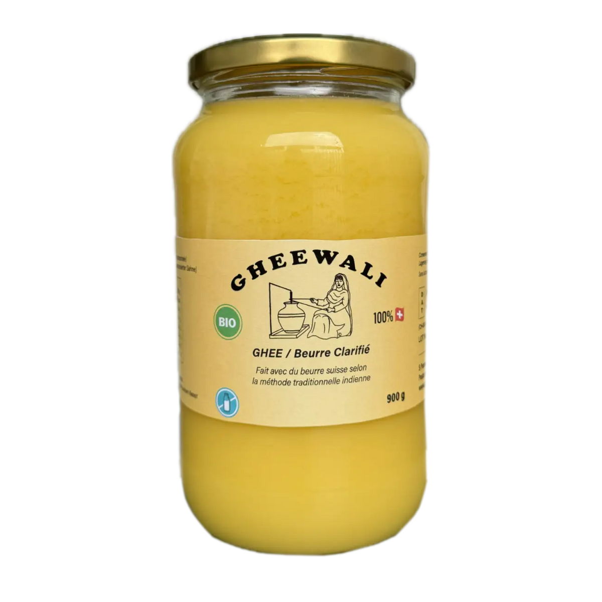 Gheewali Alpen-Ghee aus Schweizer Weidemilch, traditionell geklärt nach indischer Methode, in einem Glasbehälter.