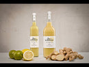 Zwei Flaschen Ben's Ginger Konzentrat mit frischem Ingwer, Limetten und einer Zitrone.