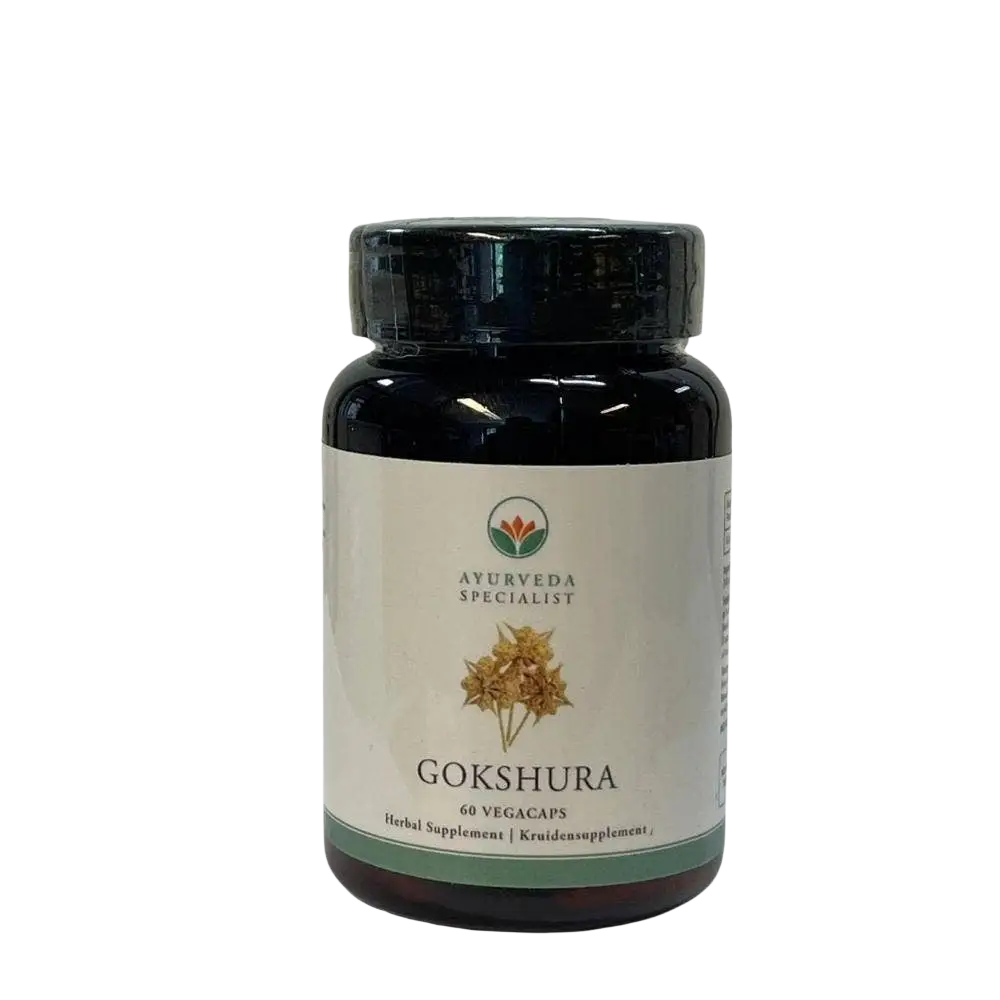 Gokshura Ayurveda Kräuterformel Nahrungsergänzungsmittel in einer braunen Verpackung mit Kräuter-Illustration