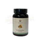 Dunkelbernsteinfarbige glasflasche mit schwarzem schraubverschluss und ayurveda spezialist gokshura tribulus terrestris kapseln
