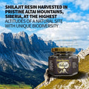 Dunkles glas sechseckiges glas mit goldenem deckel und label golden mountains shilajit harz hochwertiges shilajit resin berge