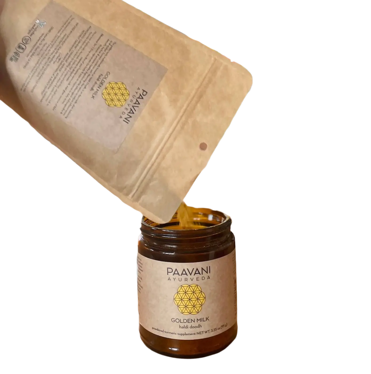 Goldene Milch Gewürze von PAAVANI Ayurveda mit Kurkuma, Ingwer und Zimt für Gesundheit und Wohlbefinden, in einer Schüssel.