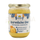 Ein glas govinda bio-ghee 420g mit goldenem deckel und blau-orangen paisley etikett für original ayurveda ghee