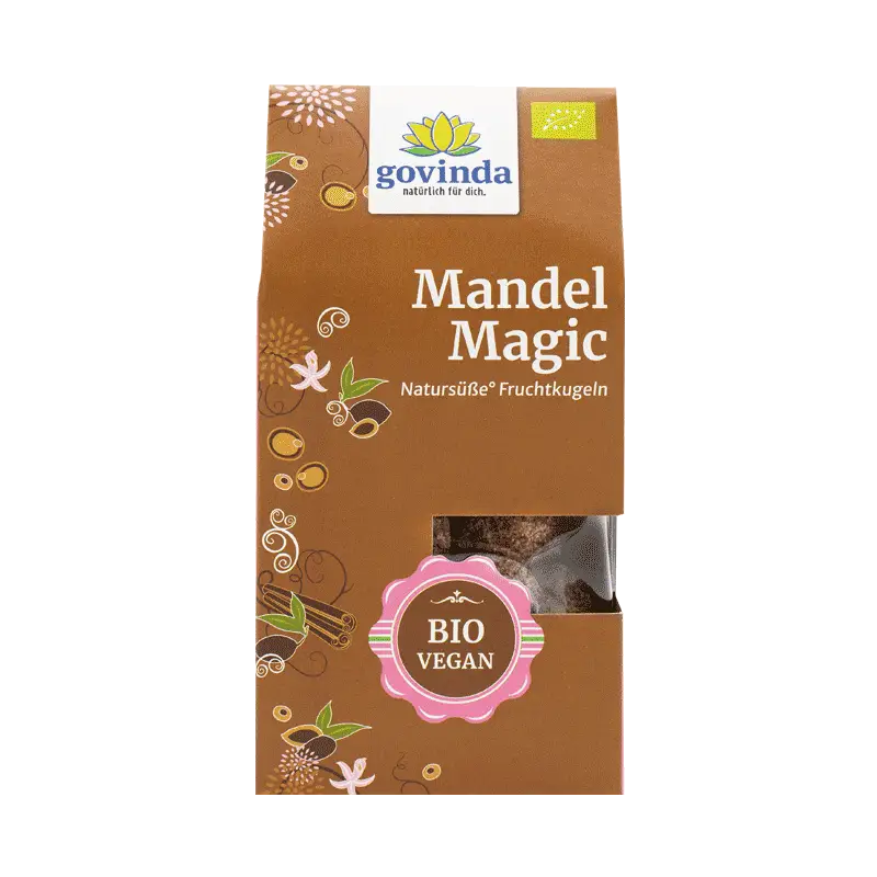Brown cardboard package of govinda mandel magic bio 120 g organic vegan fruit balls with almond flavor