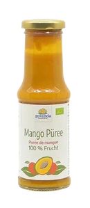 Ein glasflasche govinda mango-püree alphonso bio 210ml mit goldfarbenem metallschraubverschluss und mangos auf dem etikett für mana shop