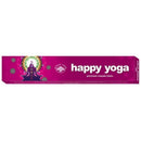 Eine lila Schachtel mit „Happy Yoga“ Premium-Masala-Räucherstäbchen mit einer meditierenden Figur.