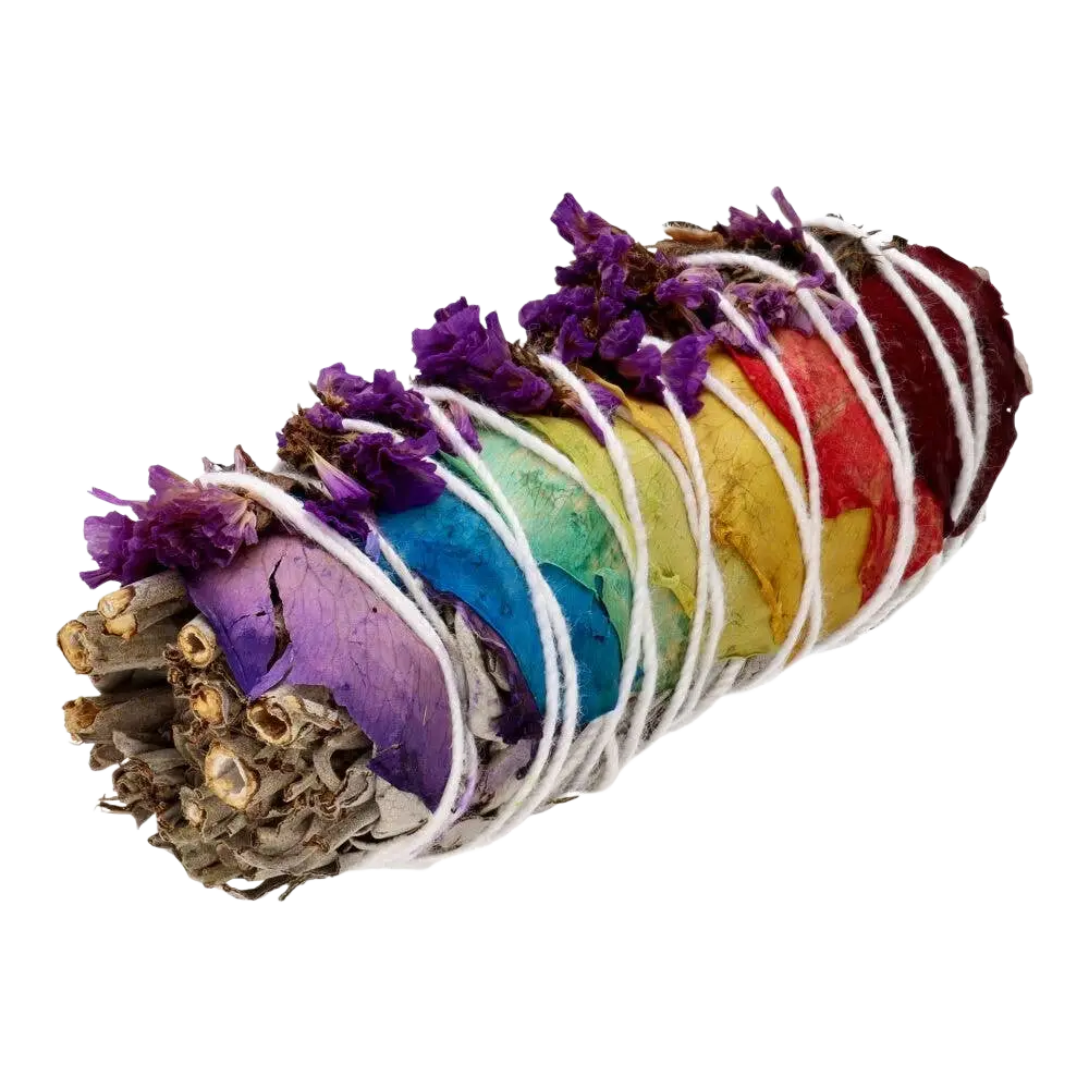 Großes weißes Salbei-Räucherbündel mit Chakrenblättern, Räucherware von Vives de la Cortada SCP, für spirituelle Rituale.